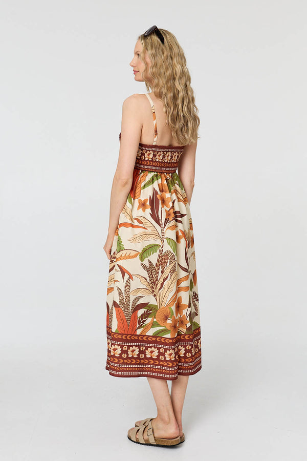 Brown | Floral Cami Strap A-Line Midi Dress