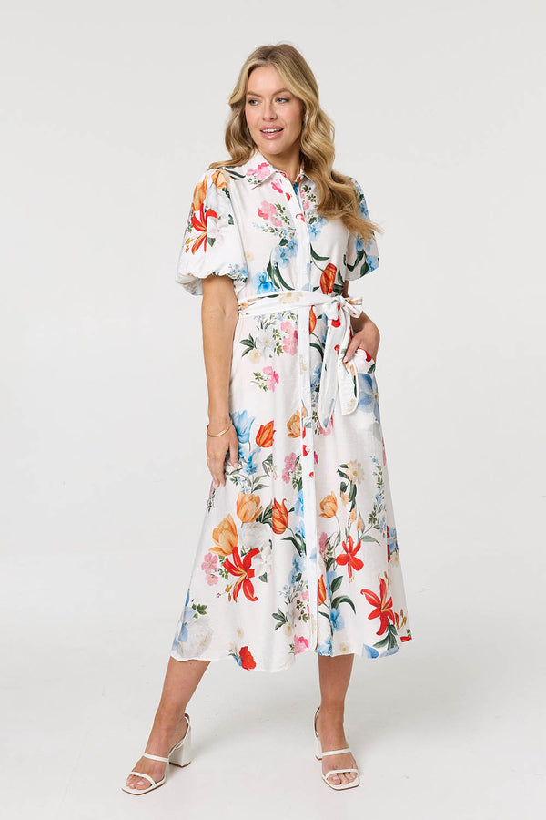 White | Floral 1/2 Puff Sleeve Midi Shirt Dress