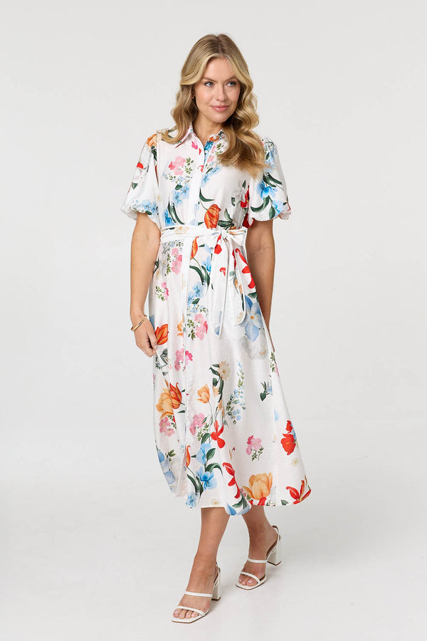 White | Floral 1/2 Puff Sleeve Midi Shirt Dress
