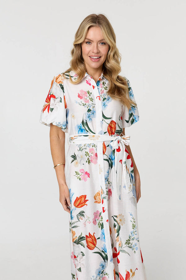 White | Floral 1/2 Puff Sleeve Midi Shirt Dress