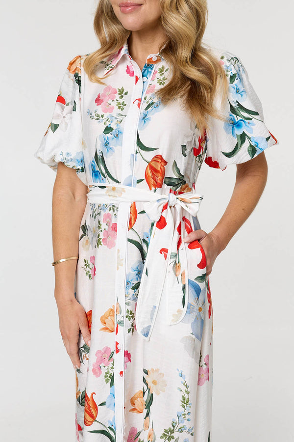 White | Floral 1/2 Puff Sleeve Midi Shirt Dress