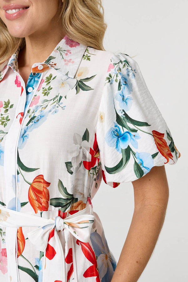 White | Floral 1/2 Puff Sleeve Midi Shirt Dress
