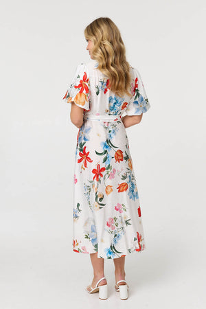 White | Floral 1/2 Puff Sleeve Midi Shirt Dress