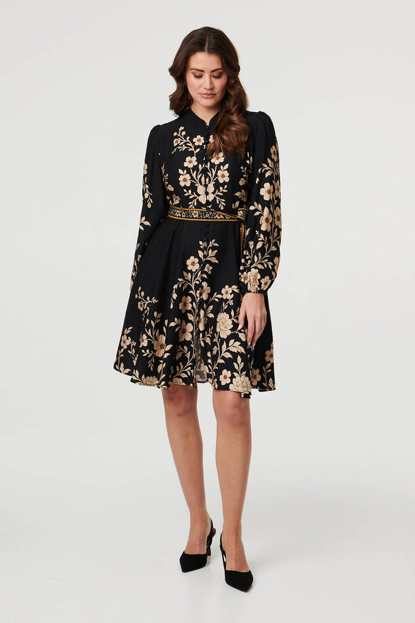 Black | Floral Tie Waist A-Line Knee Length Dress