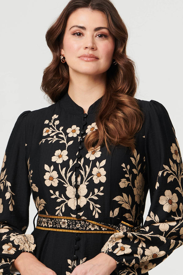 Black | Floral Tie Waist A-Line Knee Length Dress