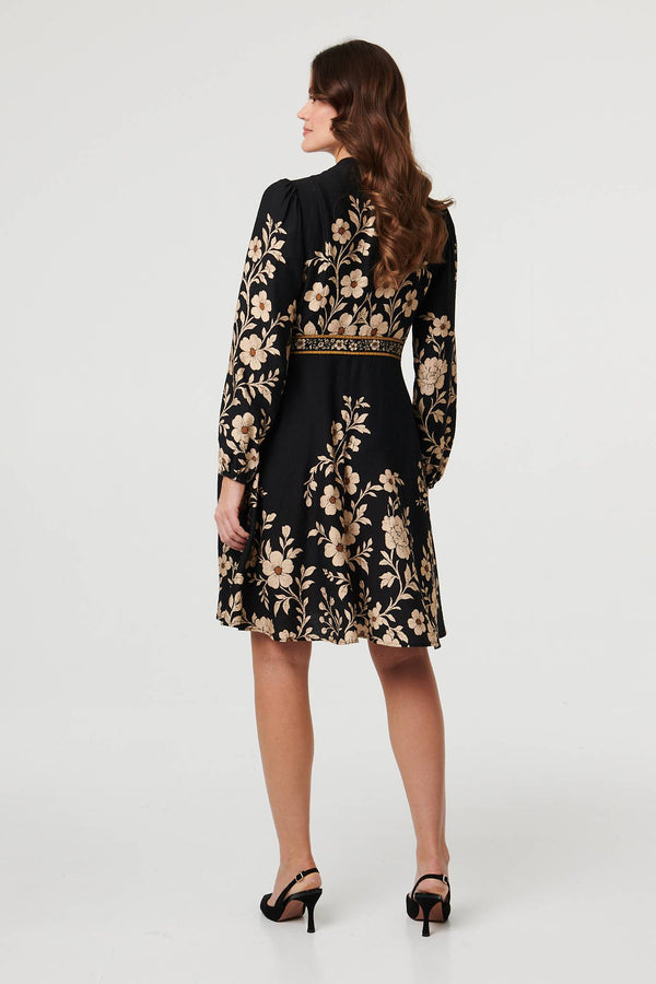Black | Floral Tie Waist A-Line Knee Length Dress