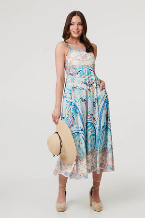 Blue | Border Print Wide Strap Midi Sun Dress