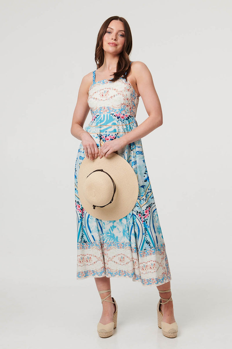 Border Print Wide Strap Midi Sun Dress | Izabel London Border Print Wide Strap Midi Sun Dress | Izabel London