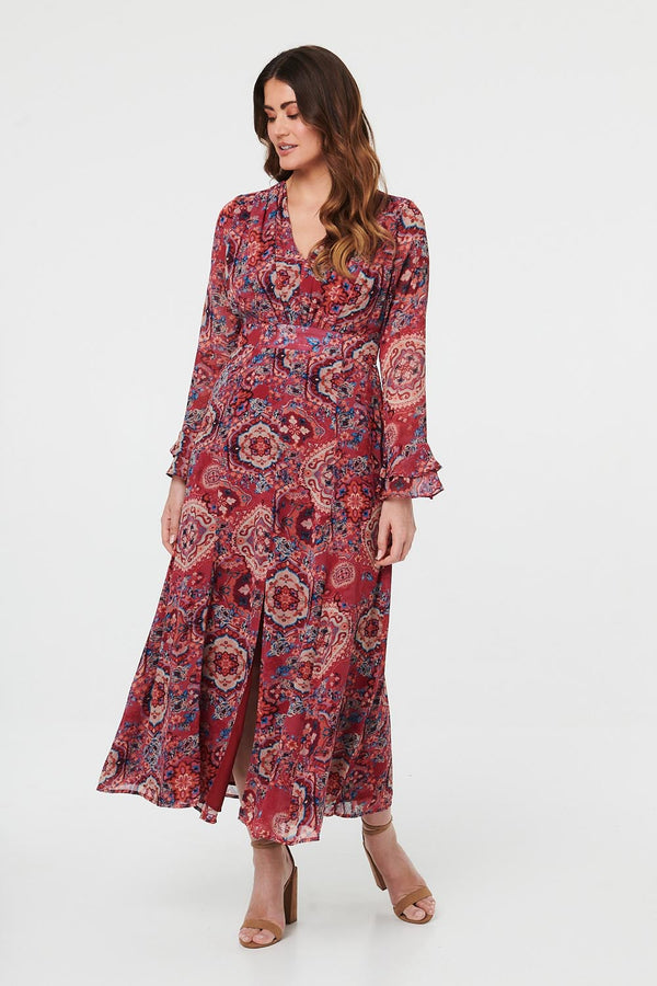 Red | Printed Ruched Long Sleeve Maxi Dress