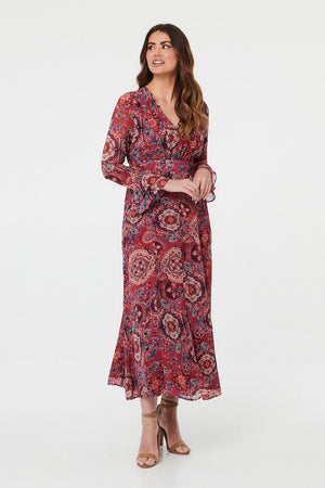 Red | Printed Ruched Long Sleeve Maxi Dress