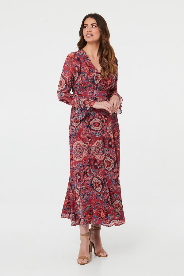 Red | Printed Ruched Long Sleeve Maxi Dress
