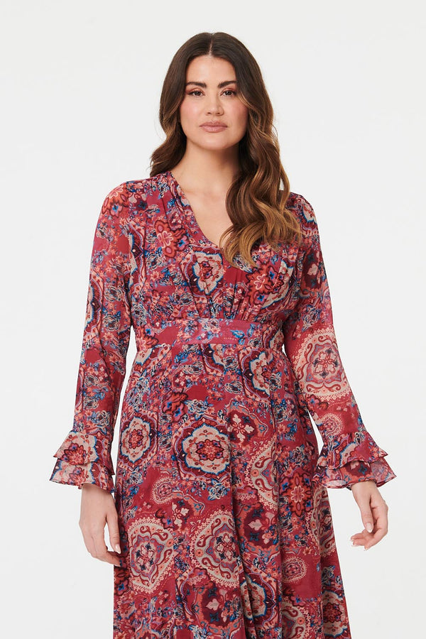 Red | Printed Ruched Long Sleeve Maxi Dress