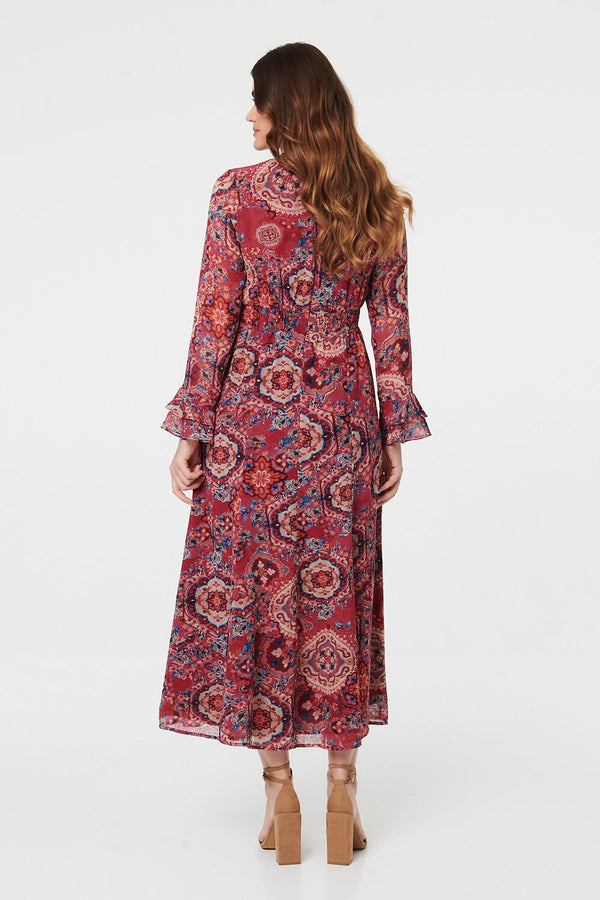 Red | Printed Ruched Long Sleeve Maxi Dress