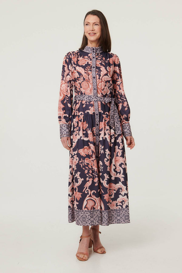 Navy | Border Print High Neck Maxi Shirt Dress