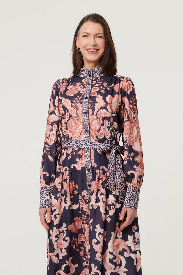 Navy | Border Print High Neck Maxi Shirt Dress