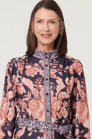 Navy | Border Print High Neck Maxi Shirt Dress
