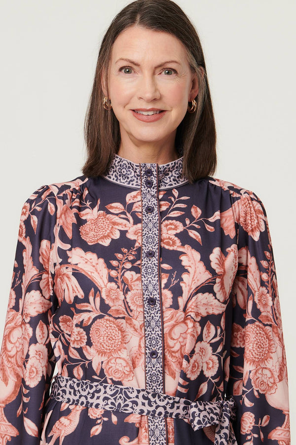 Navy | Border Print High Neck Maxi Shirt Dress