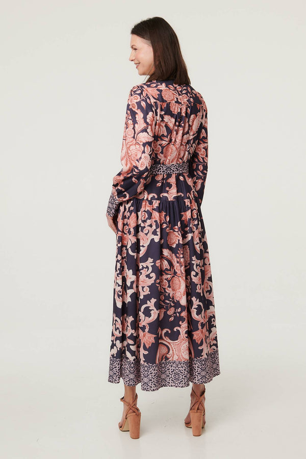 Navy | Border Print High Neck Maxi Shirt Dress