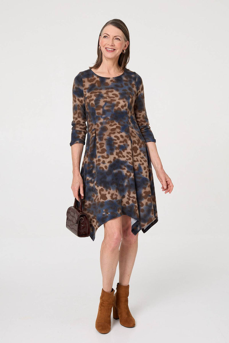 Blue | Animal Print Hanky Hem Knee Length Dress
