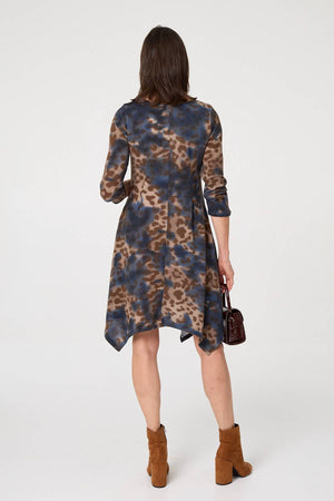 Blue | Animal Print Hanky Hem Knee Length Dress
