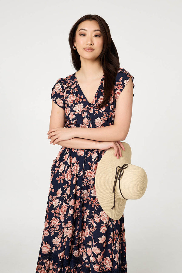 Navy | Lace Trim Tiered Cap Sleeve Maxi Dress