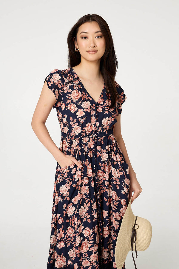 Navy | Lace Trim Tiered Cap Sleeve Maxi Dress
