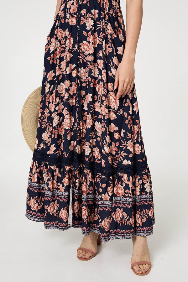 Navy | Lace Trim Tiered Cap Sleeve Maxi Dress