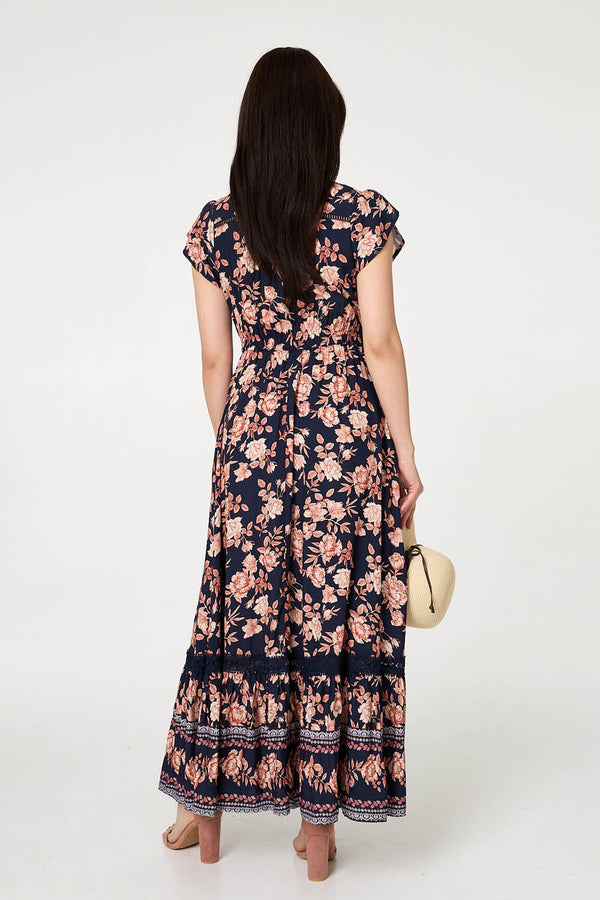 Navy | Lace Trim Tiered Cap Sleeve Maxi Dress