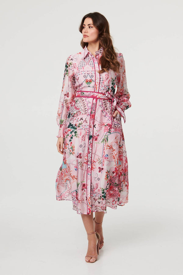 Pink | Floral Long Sleeve Shirt Midi Dress