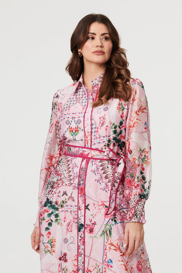 Pink | Floral Long Sleeve Shirt Midi Dress