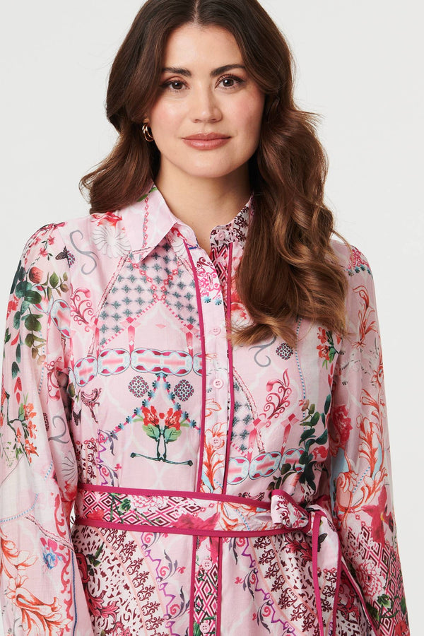 Pink | Floral Long Sleeve Shirt Midi Dress
