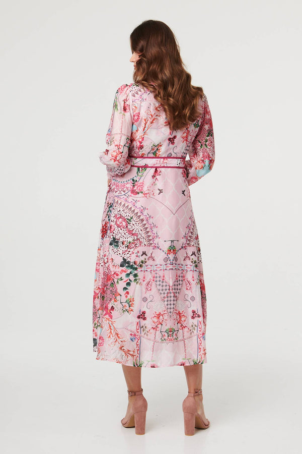 Pink | Floral Long Sleeve Shirt Midi Dress