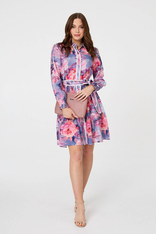 Purple | Floral Tiered Knee Length Shirt Dress