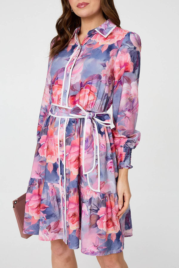 Purple | Floral Tiered Knee Length Shirt Dress