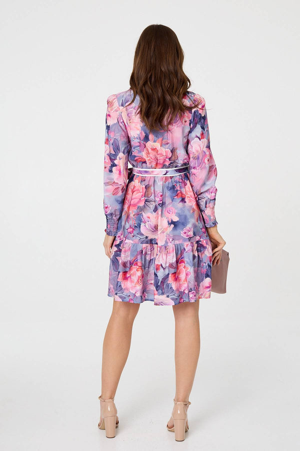 Purple | Floral Tiered Knee Length Shirt Dress