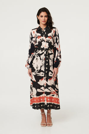 Black | Abstract Long Sleeve Midi Shirt Dress