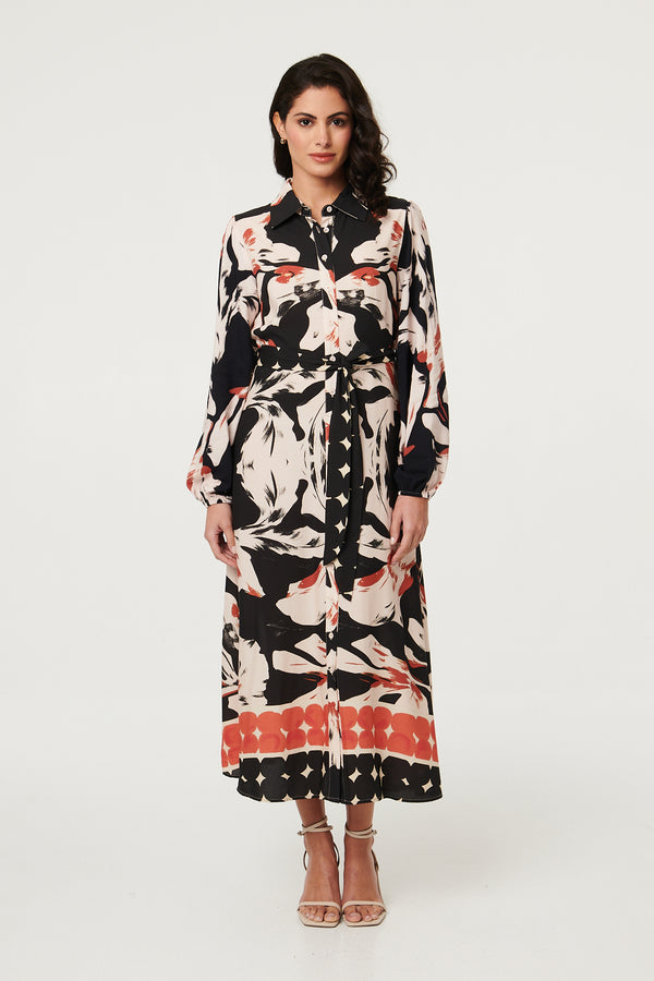 Black | Abstract Long Sleeve Midi Shirt Dress