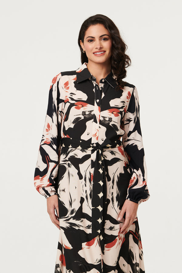 Black | Abstract Long Sleeve Midi Shirt Dress