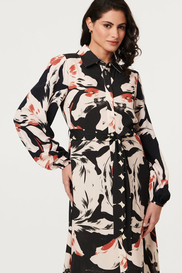 Black | Abstract Long Sleeve Midi Shirt Dress
