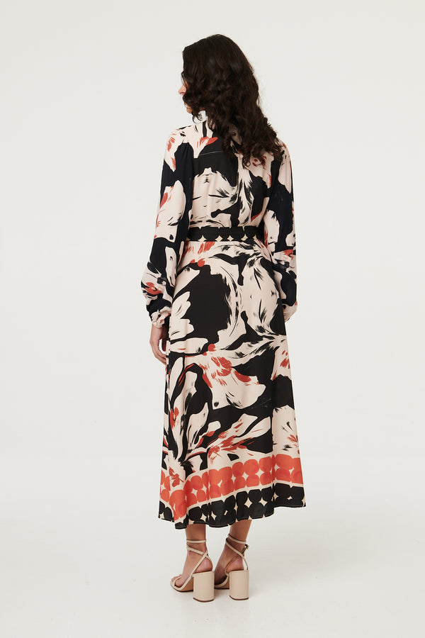 Black | Abstract Long Sleeve Midi Shirt Dress