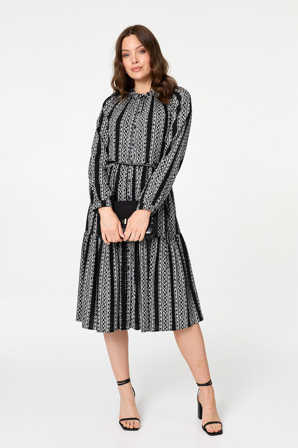 Black | Geo Print Tiered Long Sleeve Midi Dress