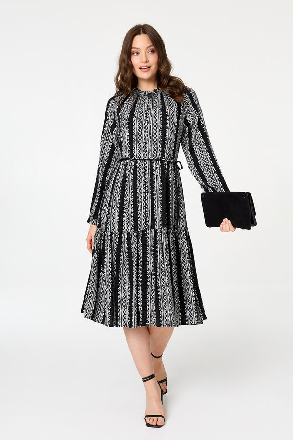 Black | Geo Print Tiered Long Sleeve Midi Dress