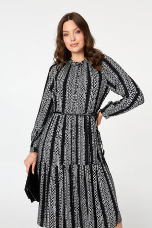 Black | Geo Print Tiered Long Sleeve Midi Dress