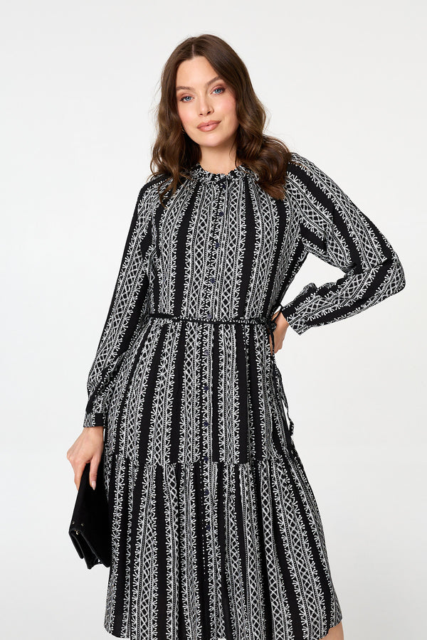 Black | Geo Print Tiered Long Sleeve Midi Dress