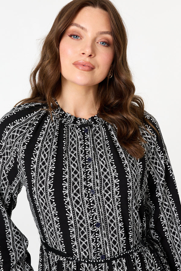 Black | Geo Print Tiered Long Sleeve Midi Dress