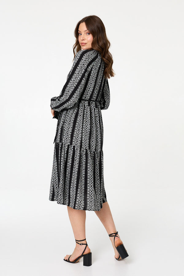 Black | Geo Print Tiered Long Sleeve Midi Dress