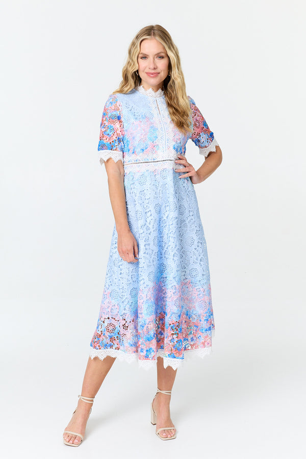 Blue | Floral Lace Trim 1/2 Sleeve Midi Dress