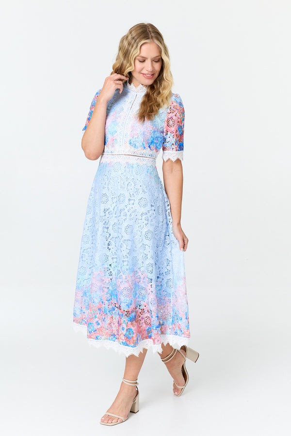 Blue | Floral Lace Trim 1/2 Sleeve Midi Dress