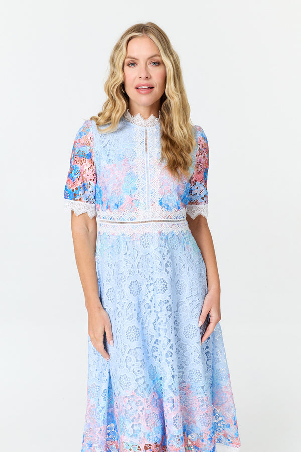Blue | Floral Lace Trim 1/2 Sleeve Midi Dress