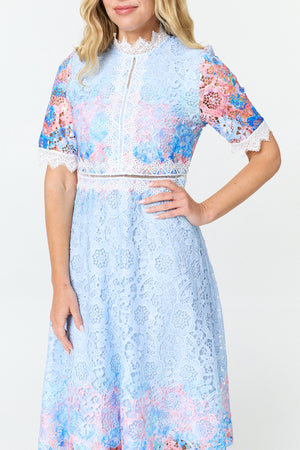 Blue | Floral Lace Trim 1/2 Sleeve Midi Dress